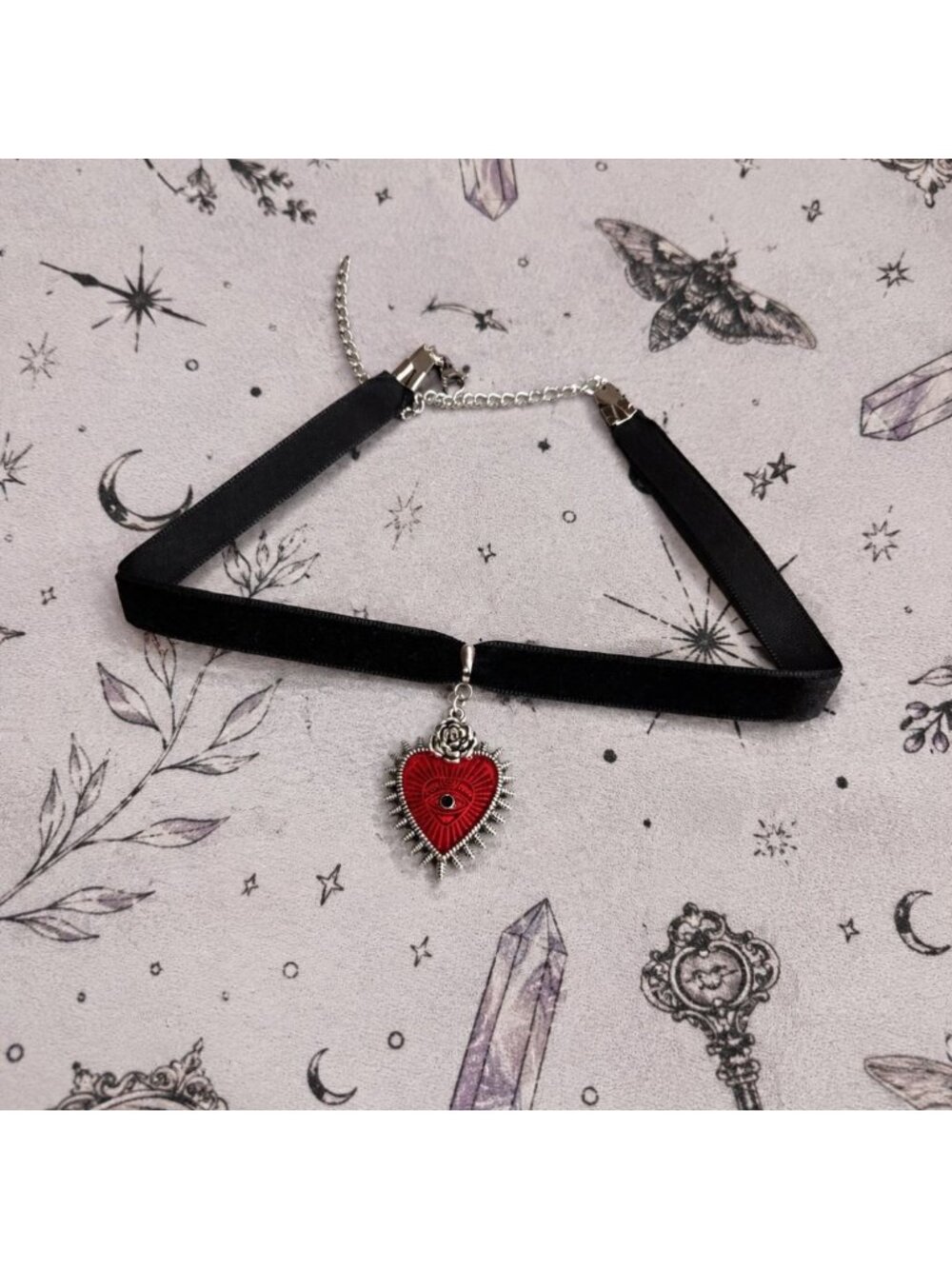 Gothic Black Velvet Choker Necklace with Red & Silver Heart Shaped Pendant